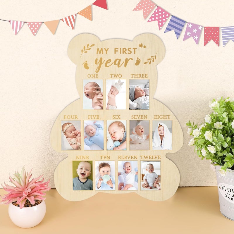 FLhdM My First Year Photo Frame Board, 1st Birthday Girl Boy Gifts, Newborn Newmom Gift, 1 Year Old Girls Gifts, One Year Birthday Party Decorations, Baby Shower Baptism Favors, 12 Months Milestone - Image 4